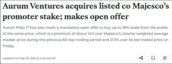 Snapshot of an article on Aurum Ventures acquired Promoter stake in Majesco